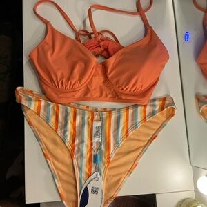 Orange Bikini Set with Striped Bottoms